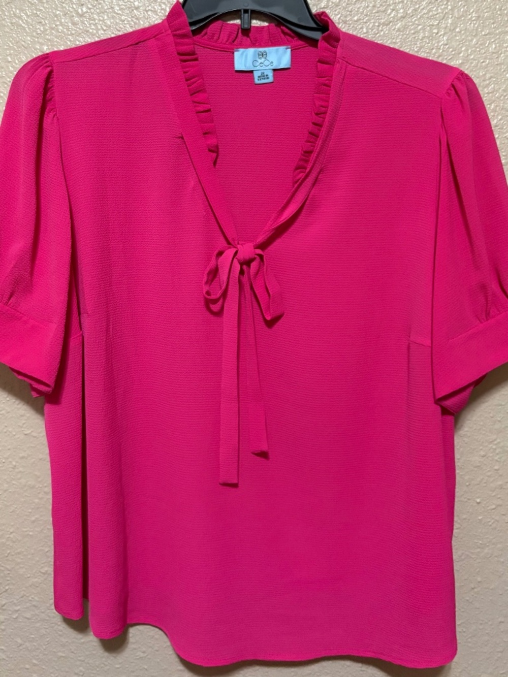 CeCe Pink Pleated Ruffle Tie Neck Blouse